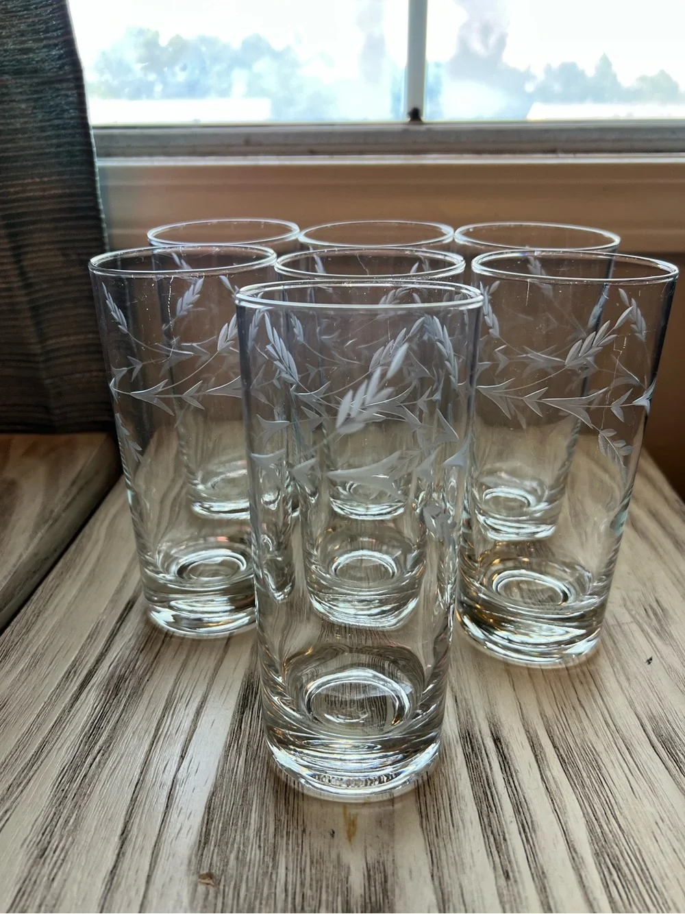 Set of 7 Vintage Etched Wheat Highball Glasses 5.75” Tumblers Barware